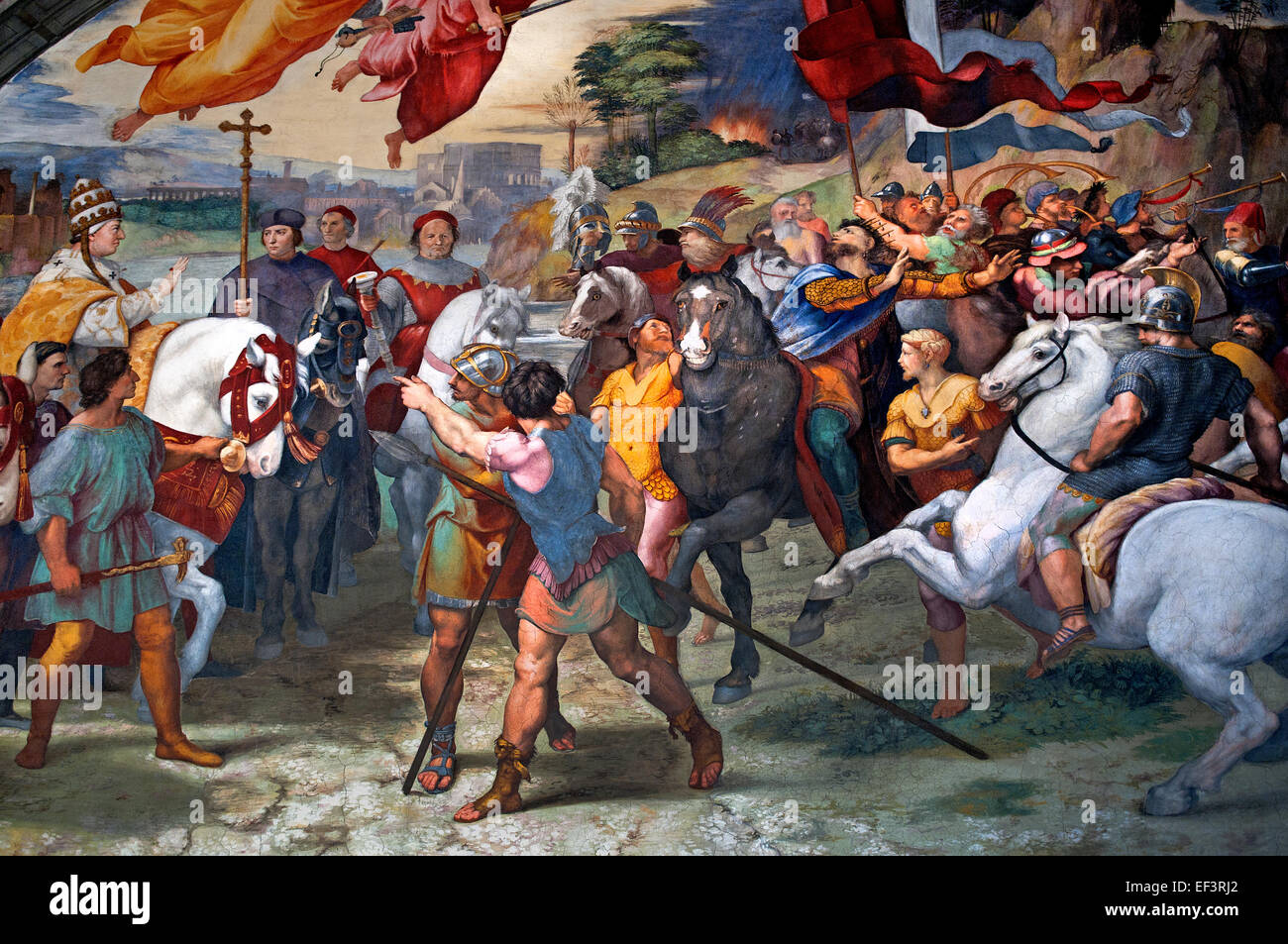 Das Treffen von Papst Leo I und Attila der Hunne ist ein Fresko von Raffael und Giulio Romano 1514 Raffael (Tanze di Raffaello) Raffaello Sanzio da Urbino 1483 – 1520 fresco päpstlichen Gemächer Vatikan Rom Italien (Detail) Stockfoto