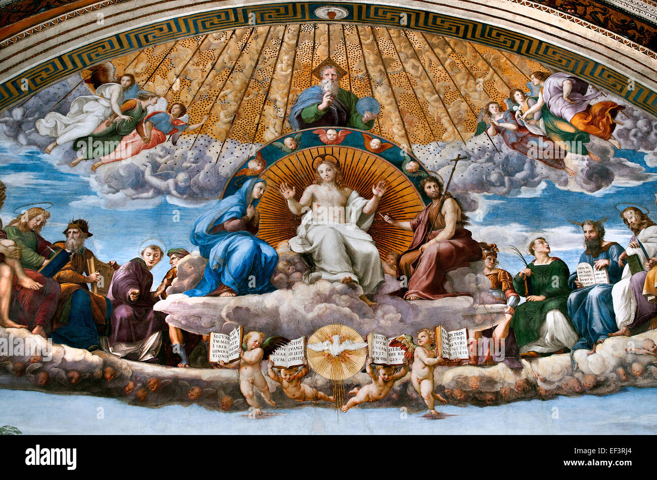 Die Disputation des Sakraments (Italienisch: La Disputa del Sacramento), oder Disputa, 1509 und 1510 Stanzen des Raffael (Tanze di Raffaello) Raffaello Sanzio da Urbino 1483 – 1520 fresco päpstlichen Gemächer Vatikan Rom Italien (Detail) Stockfoto