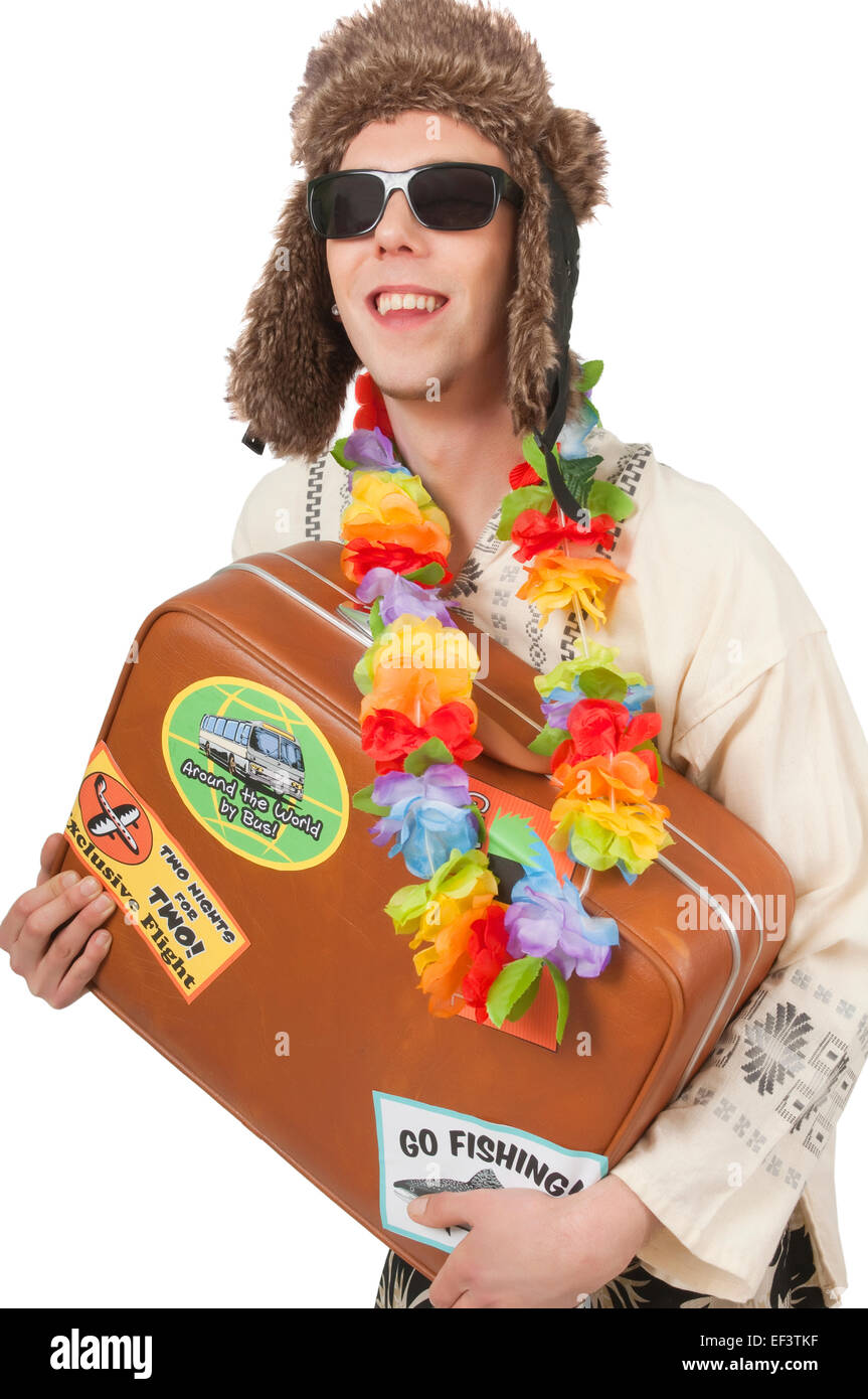 Mann mit Mütze und Lei Koffer mit gedrückter Stockfoto
