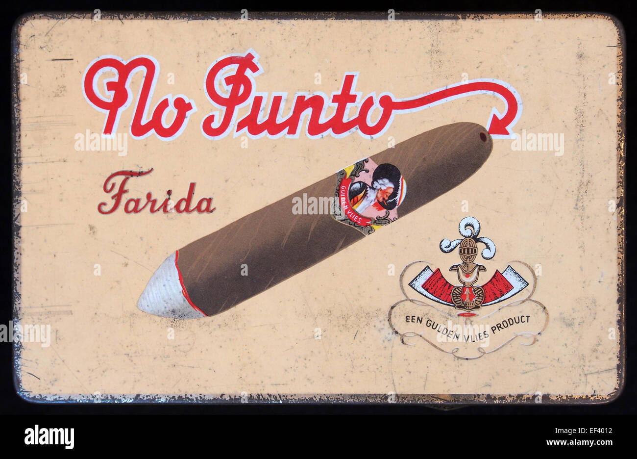 Die No Punto Farida Zigarrendose ist ein Sammlerstück mit Branding der Marke Farida. Es zeigt Vintage-Tabakwerbung. Stockfoto