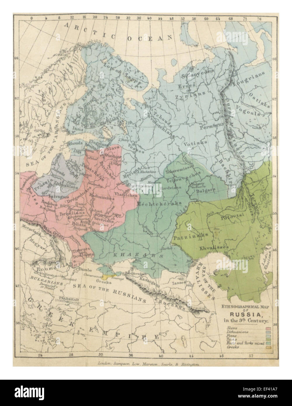 Diese 1879 von Rambaud gefertigte Illustration zeigt eine Darstellung Russlands im 9. Jahrhundert, die die frühe Geschichte und kulturelle Entwicklung der Region erfasst. Stockfoto