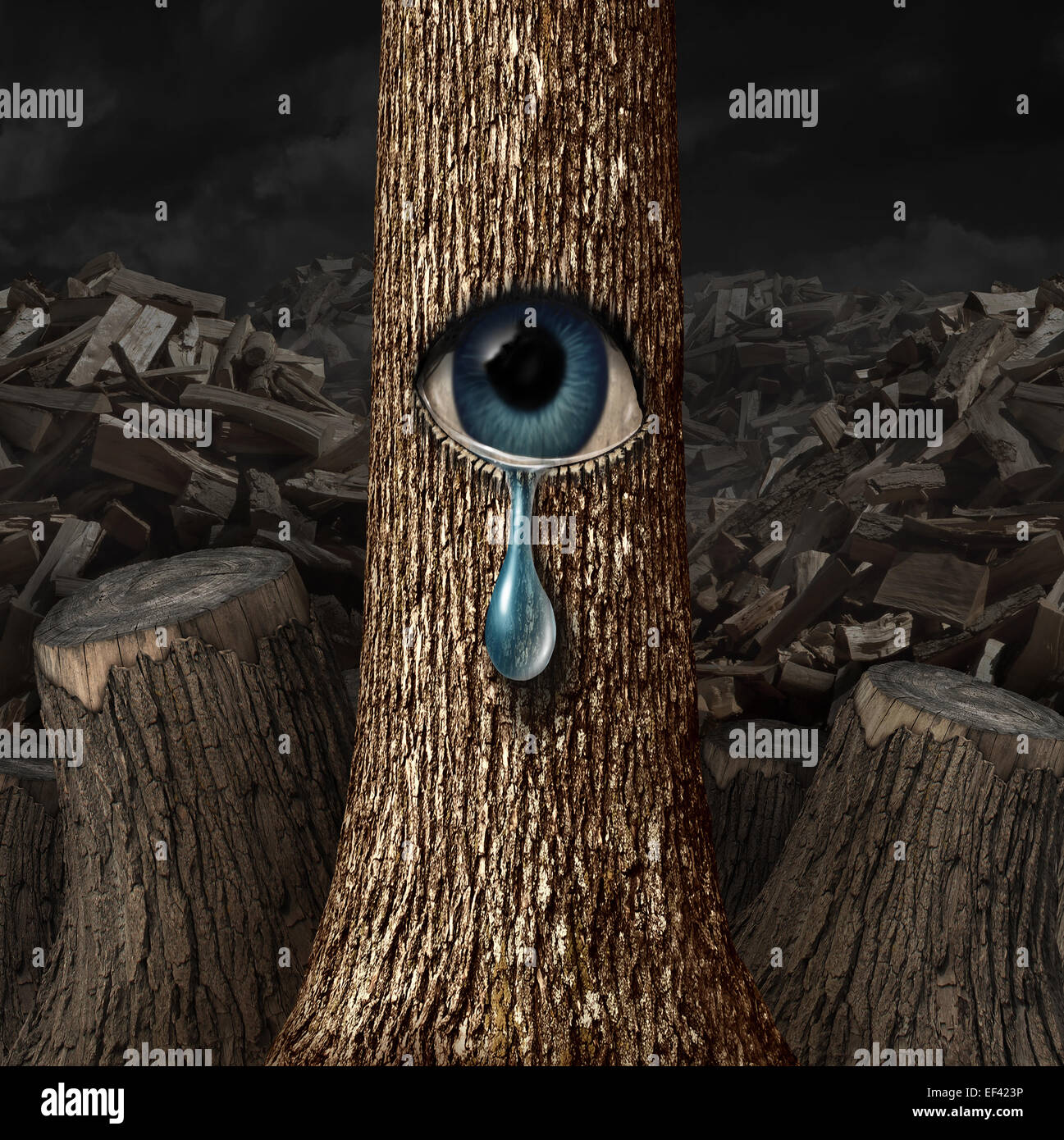 Mutter Natur weint Konzept als Hintergrund von Hackgut und Stämme mit einem Überlebenden Baum mit einem offenen Auge Weinen eine Träne als Metapher für den gescheiterten Naturschutz geschnitten. Stockfoto