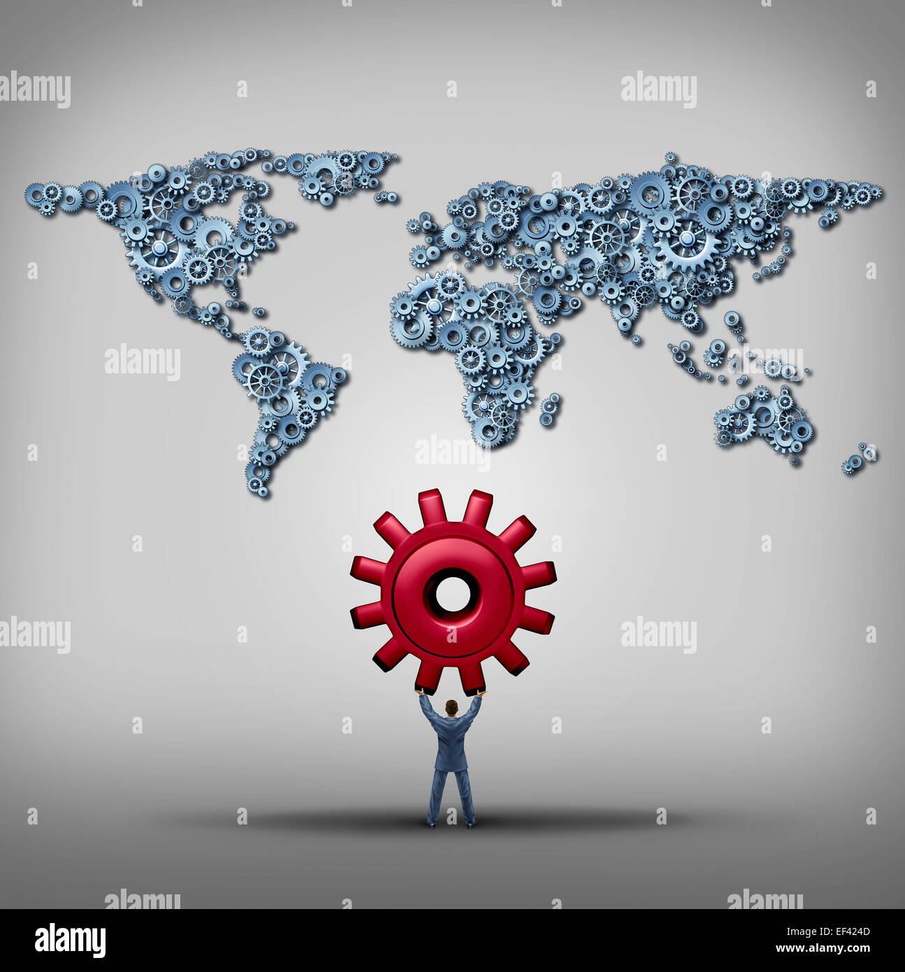 Globales Management-Business-Konzept als Geschäftsmann hob einen roten Gang mit Blick auf eine Gruppe von Getriebe und Zahnräder in Form einer Weltkarte als Metapher für eine internationale Strategie Erfolg. Stockfoto