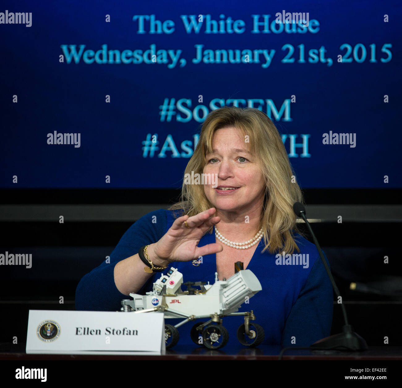 Ellen Stofan, Chefwissenschaftlerin der NASA, hält eine Rede in der State of MINT-Ansprache des Weißen Hauses, in der er Fortschritte in Wissenschaft, Technologie, Technik und Mathematik hervorhebt. Stockfoto