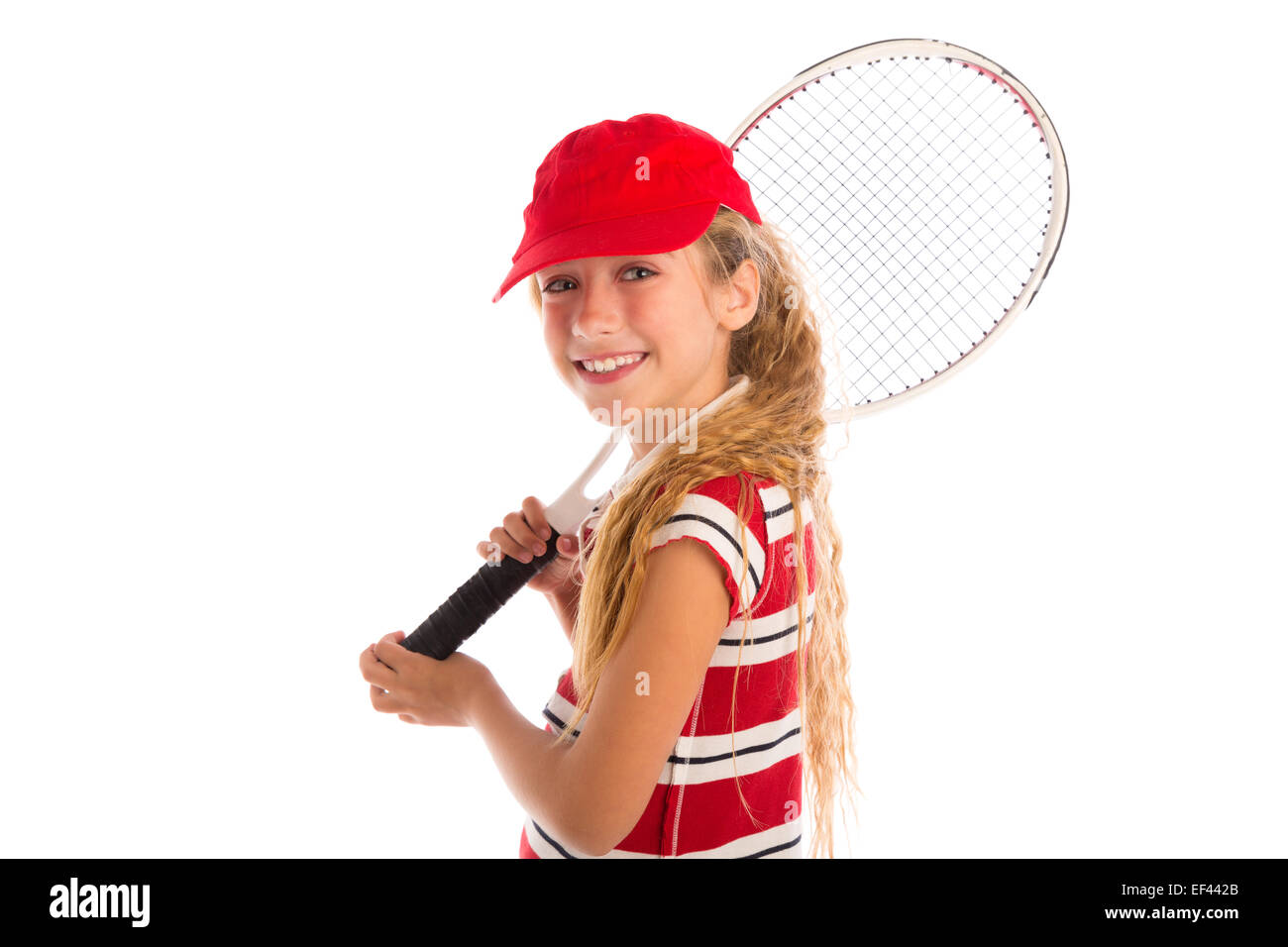 Blonde Tennis Spieler Mädchen mit Pad und rote Kappe lächelnd auf weißem Hintergrund Stockfoto