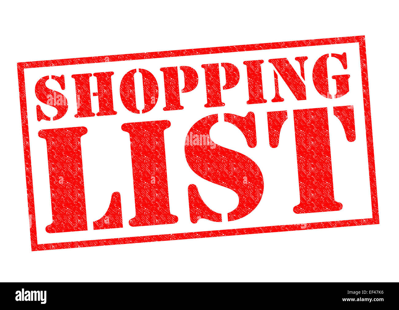 SHOPPING LIST roten Stempel auf einem weißen Hintergrund. Stockfoto