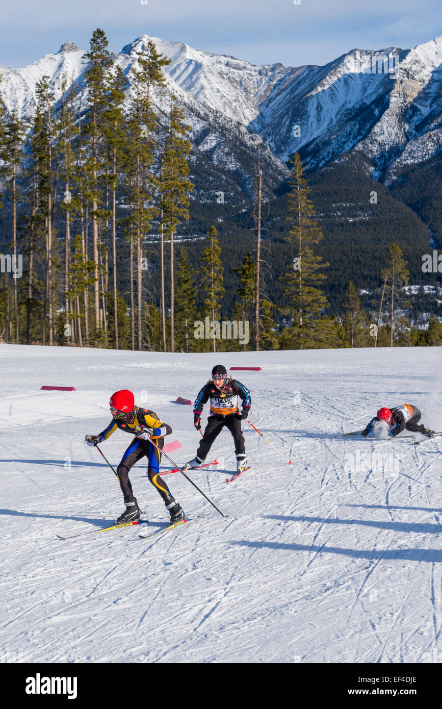 Skirennen in Canmore Nordic Centre Provincial Park, Canmore, Alberta, Kanada Stockfoto