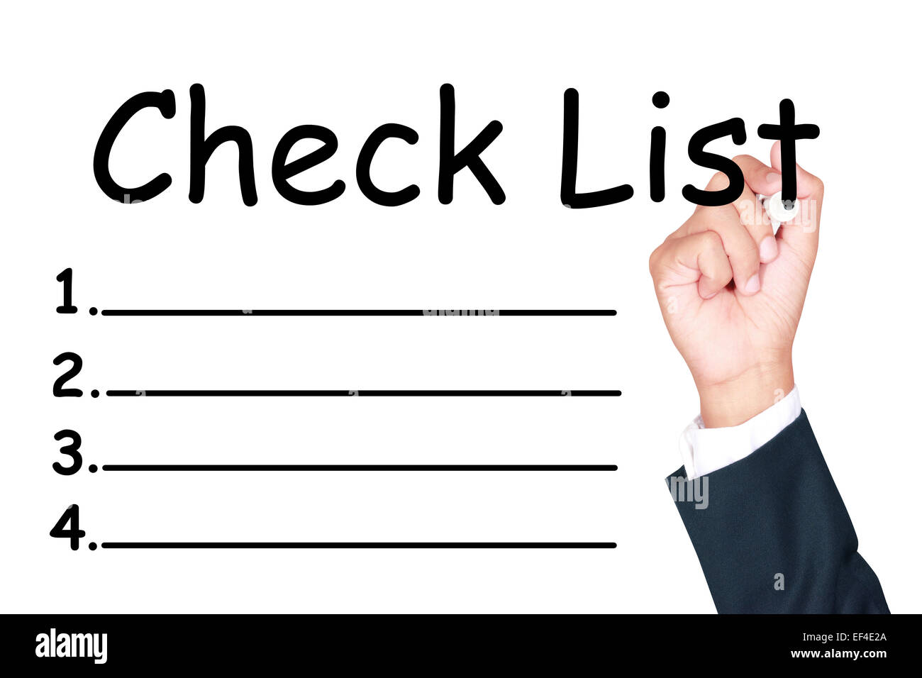 Check-Liste schreiben von Geschäftsmann auf weißem Hintergrund Stockfoto