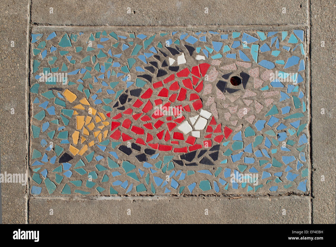 Fliese Fische Mosaik aus der Arbeit, "Eine" Schule"Fische", die am Fluss Landung in Saskatoon, Saskatchewan, Kanada installiert ist. Stockfoto