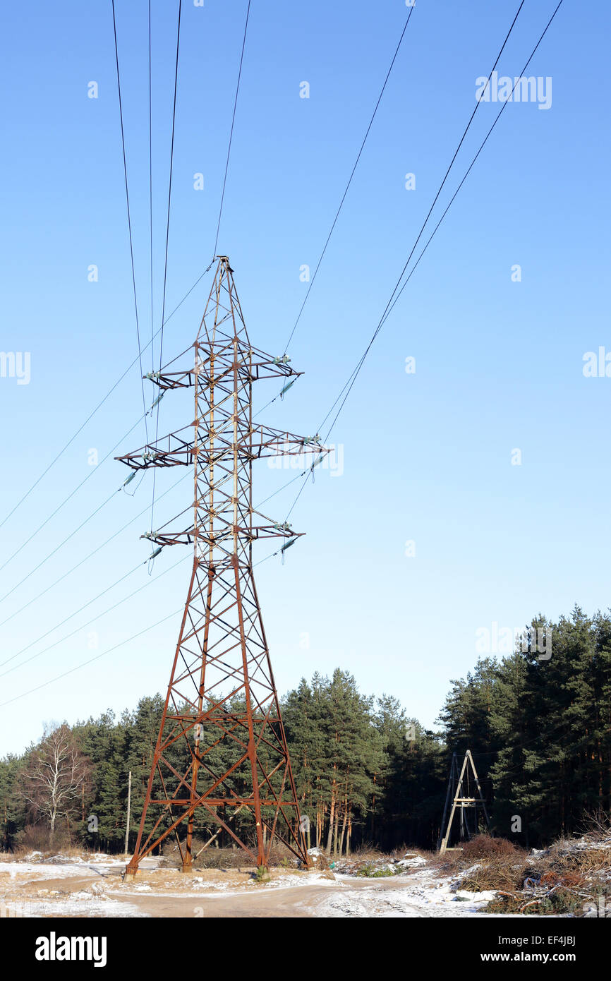 Elektrizität Mast Wald Hochspannung metallische Drähte Technologie Zivilisation macht Stockfoto