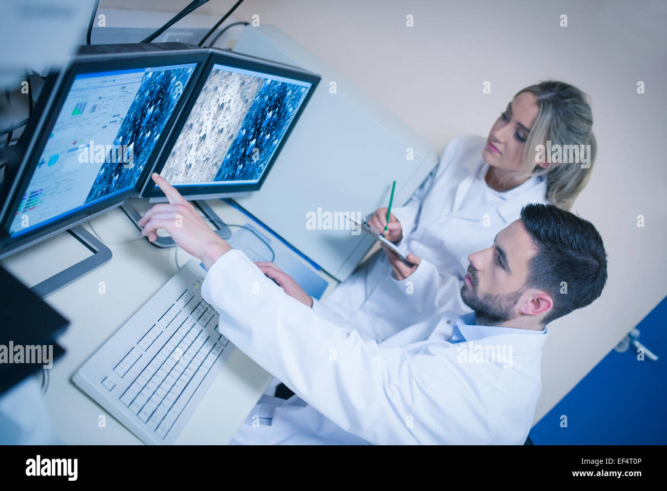 Informatik-Studenten mit Blick auf mikroskopische Bilder Stockfoto