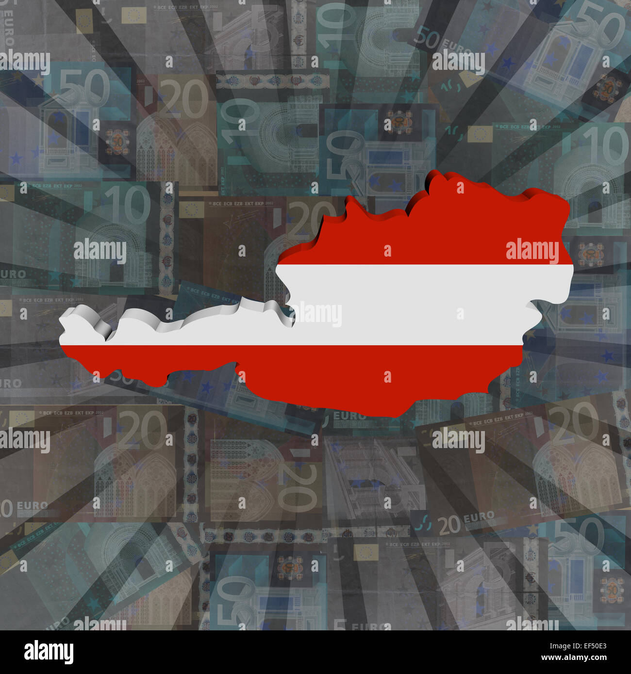 Österreich Karte Flagge auf Euro Sunburst illustration Stockfoto