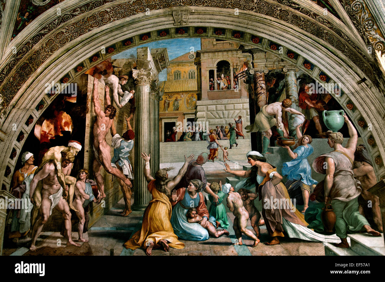 Das Feuer im Borgo 1514 das Feuer im Borgo-Raffael (Tanze di Raffaello) päpstlichen Gemächer Vatikan Rom Italien (Raffaello Sanzio da Urbino 1483-1520 Raphael genannt) das Fresko wurde wahrscheinlich von seinem Assistenten Giulio Romano gemalt Stockfoto