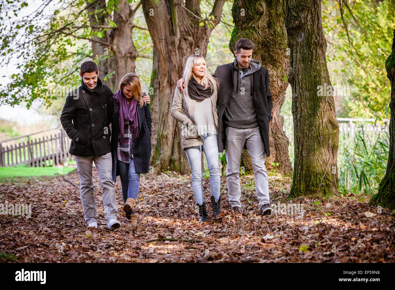 Gruppe von Freunden zu Fuß in Herbst park Stockfoto
