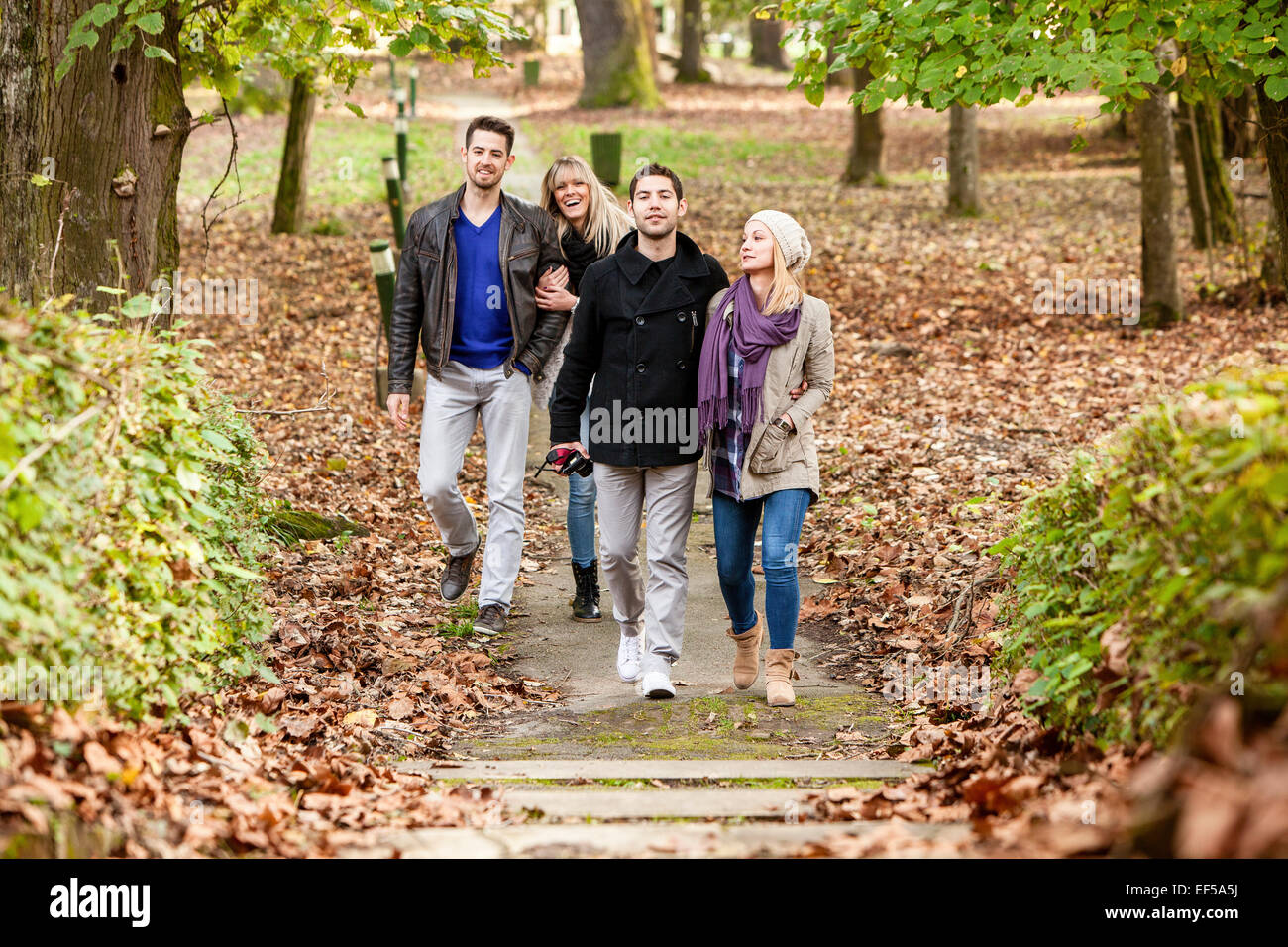 Gruppe von Freunden zu Fuß durch den herbstlichen park Stockfoto