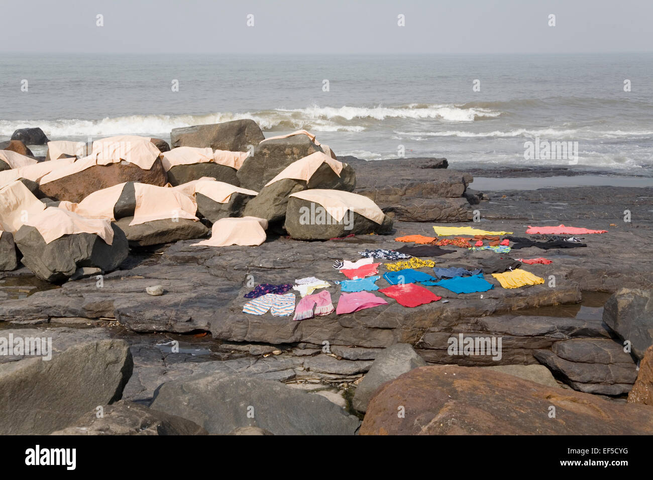 Waschtag in Mumbai, Indien - waschen, Trocknen auf den Küstenfelsen Dhobi Stil Stockfoto