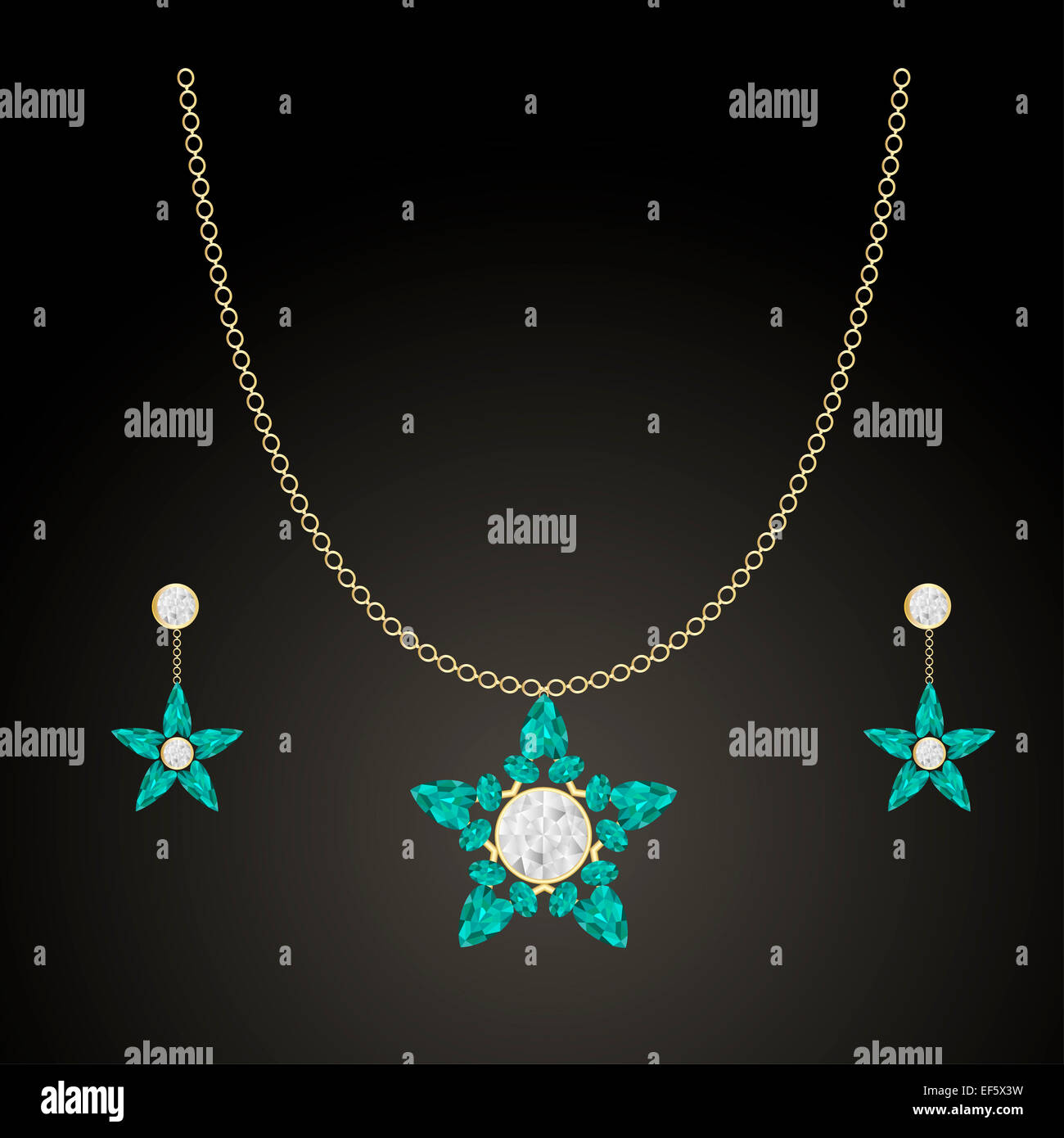 Schmuck mit Smaragden und Diamanten. Anhänger an einer goldenen Kette und Ohrringe. Vektor-illustration Stockfoto