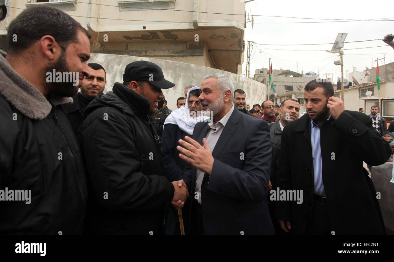 Gaza-Stadt, Gazastreifen, Palästinensische Gebiete. 27. Januar 2015. Hochrangige Hamas-Führer Ismail Haniyeh besucht einen Protest zur Unterstützung des Propheten Mohammed in Gaza-Stadt am 27. Januar 2015 Credit: Ashraf Amra/APA Bilder/ZUMA Draht/Alamy Live News Stockfoto