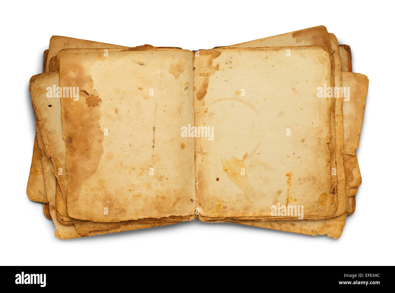 Chaotisch offen altes Buch mit textfreiraum Isolated on White Background. Stockfoto