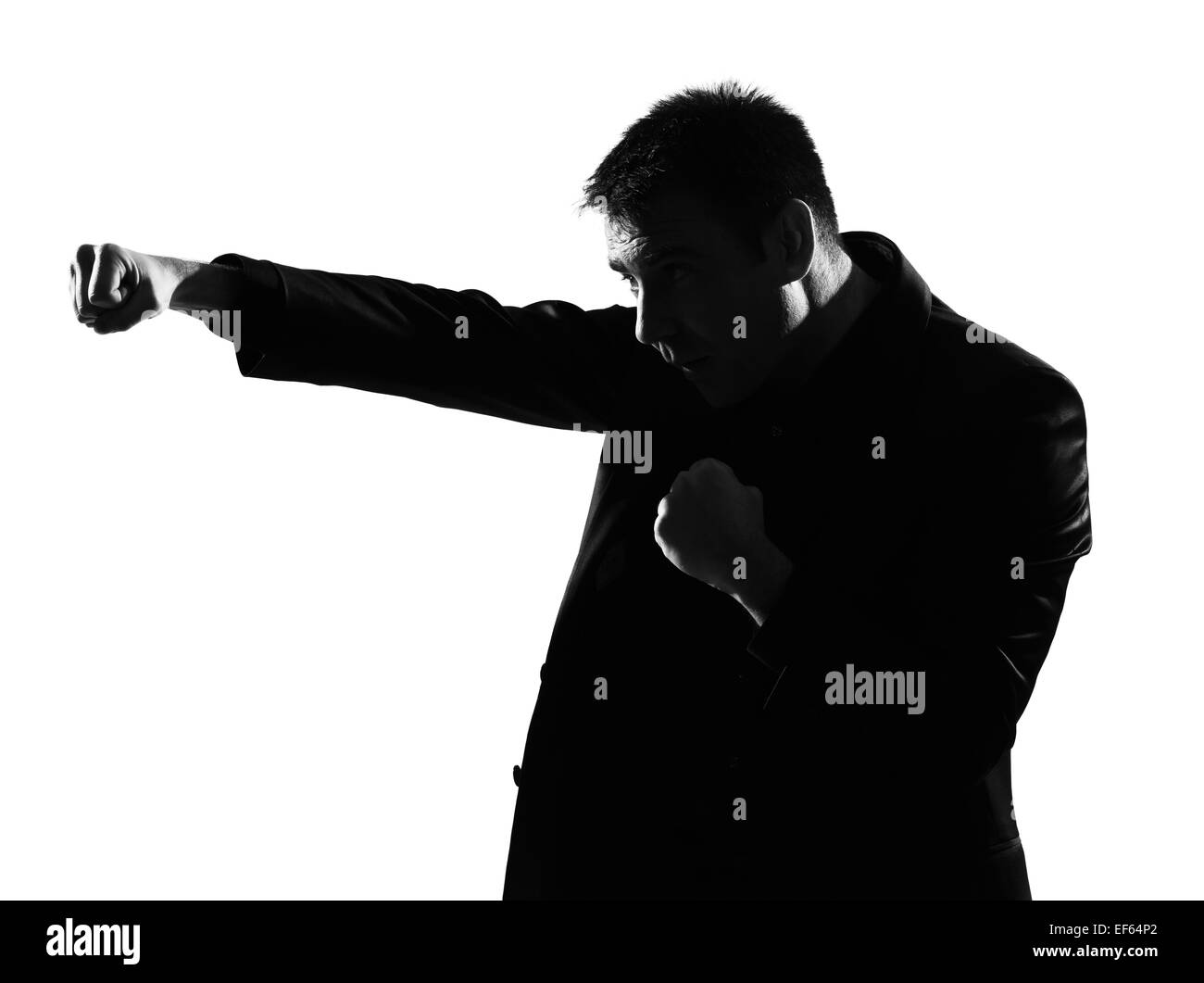 Silhouette kaukasischen Business Mann Boxen Geste ausdrücken Verhalten in voller Länge auf weißem Hintergrund Studio isoliert Stockfoto