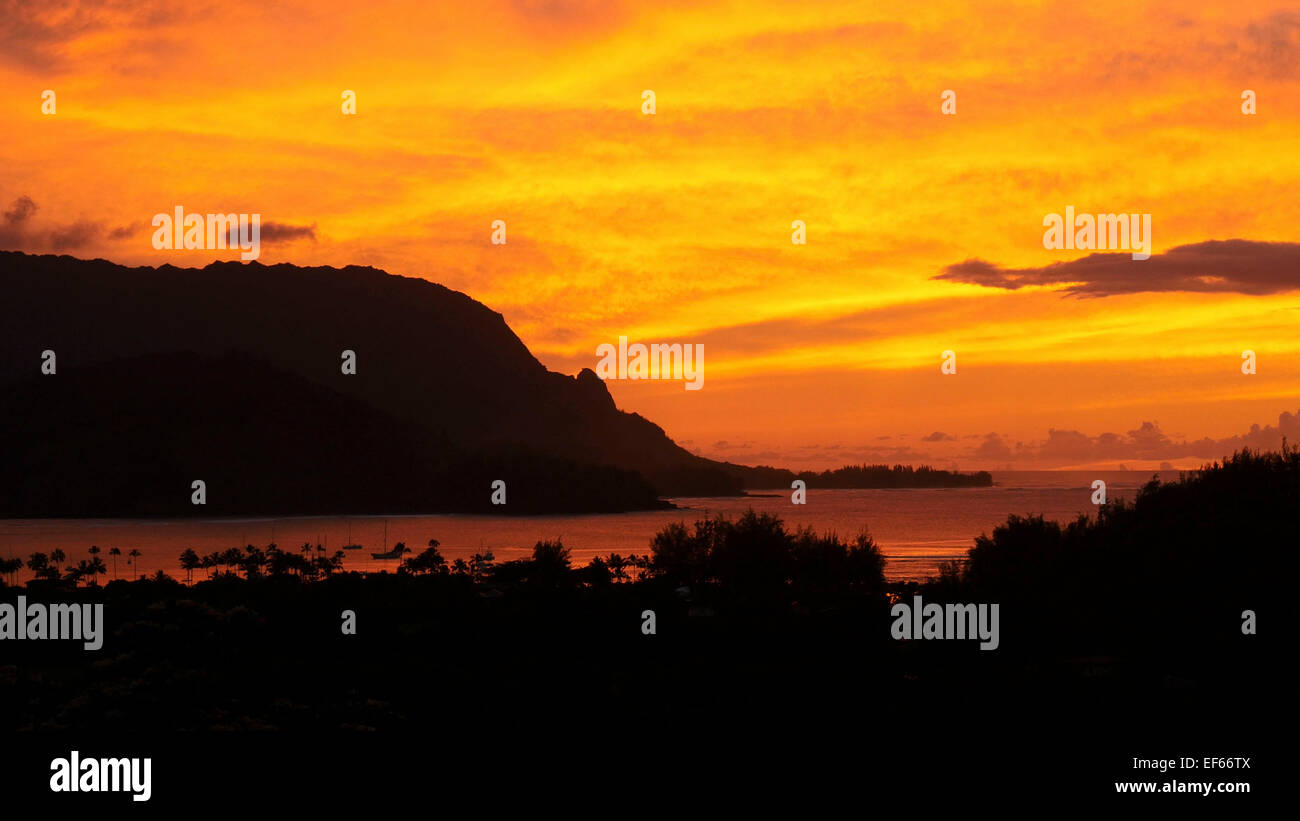 Sonnenuntergang, Hanalei Bay Lookout, Kauai, Hawaii Stockfoto