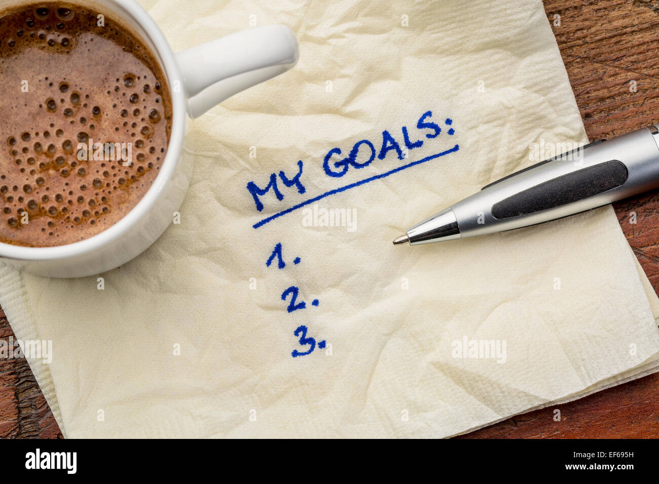 meine Ziele-Liste auf einer Serviette mit Tasse Kaffee Stockfoto