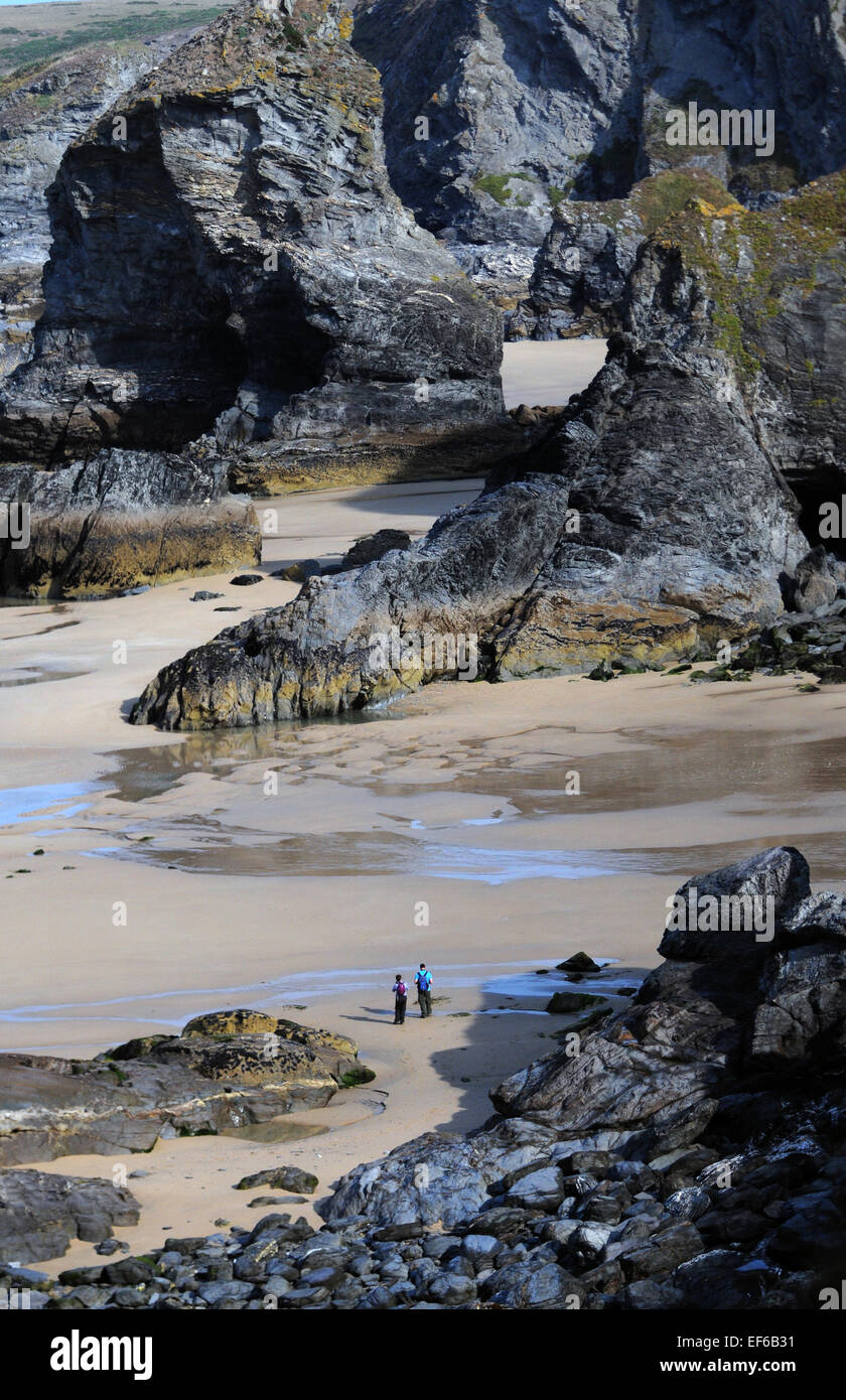 September 2014 das Bedruthan Steps und Strand von Bedruthan, Cornwall. PIC Mike Walker, Mike Walker Bilder Stockfoto