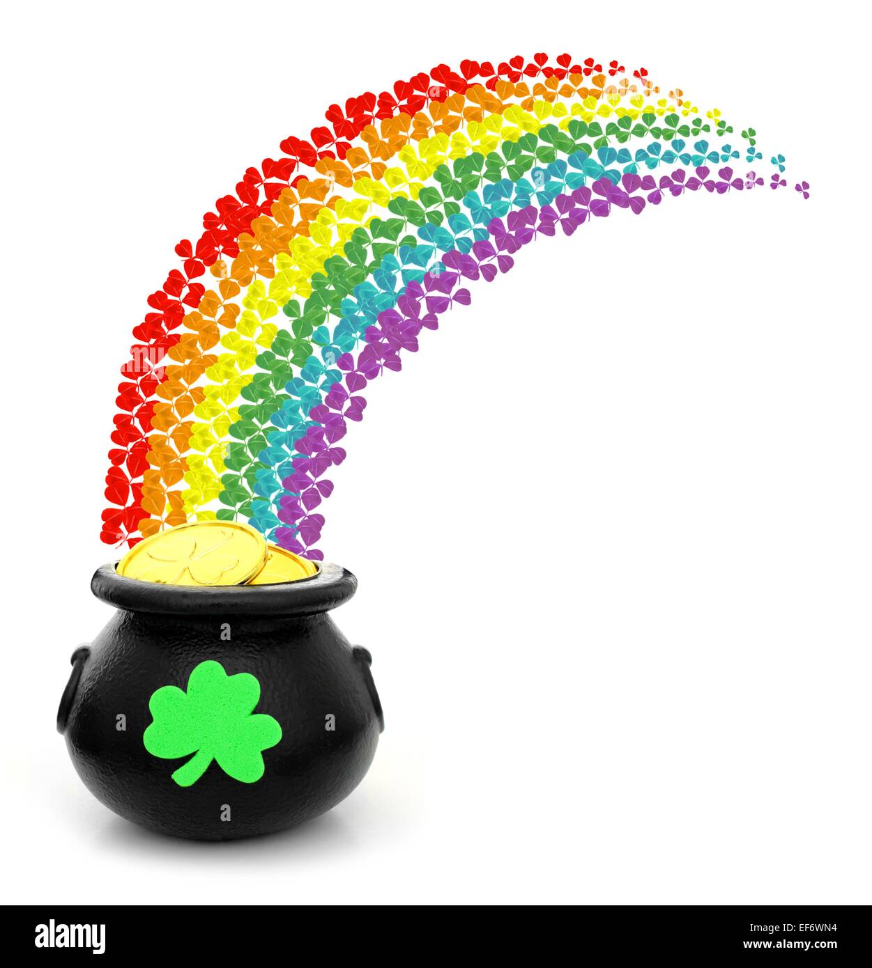 St. Patricks Day Topf voll Gold mit bunten Shamrock Regenbogen Stockfoto