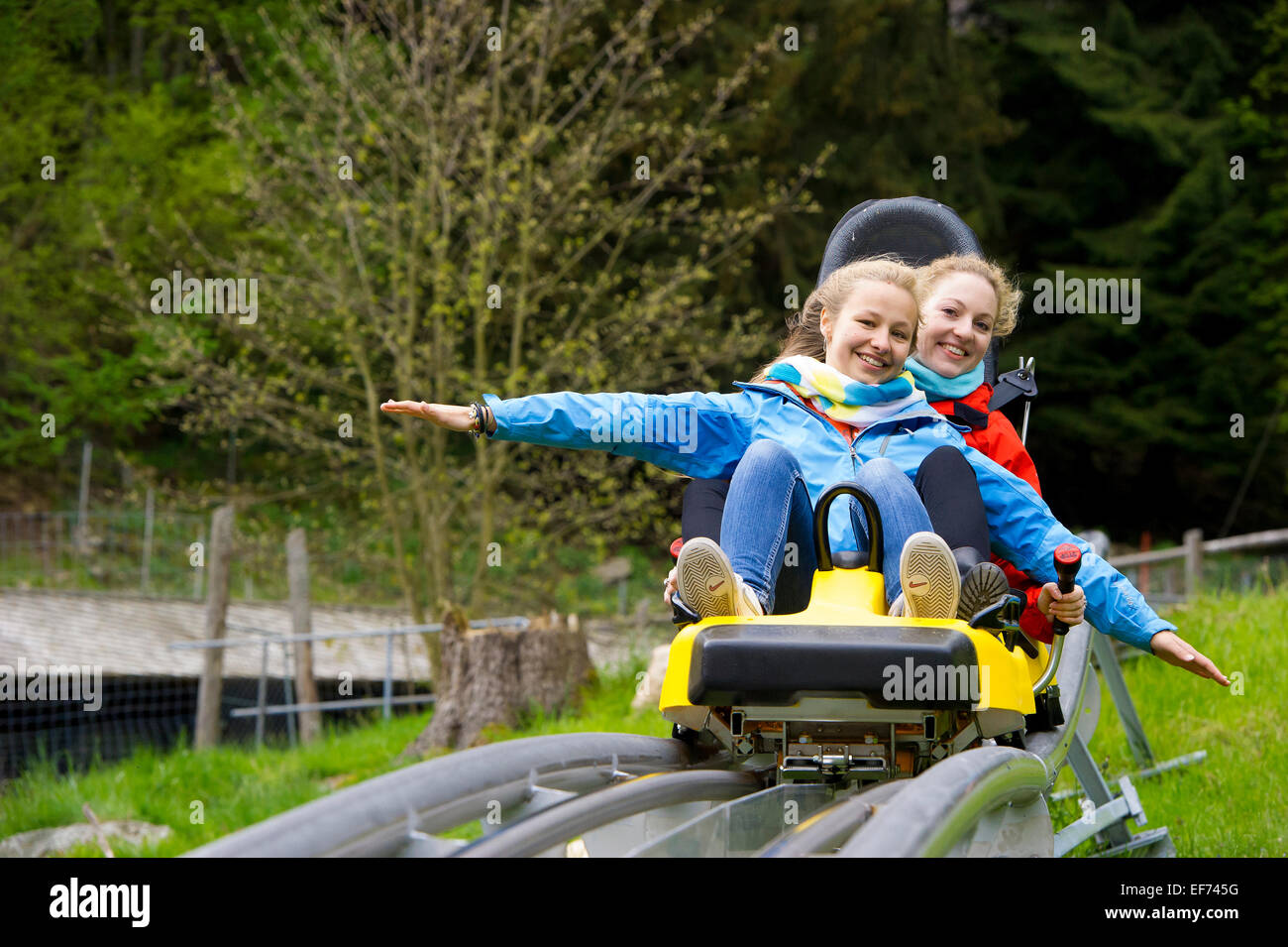 Junge Frauen auf einer Sommerrodelbahn, Steinwasenparks in Oberried, Schwarzwald, Baden-Württemberg, Deutschland Stockfoto