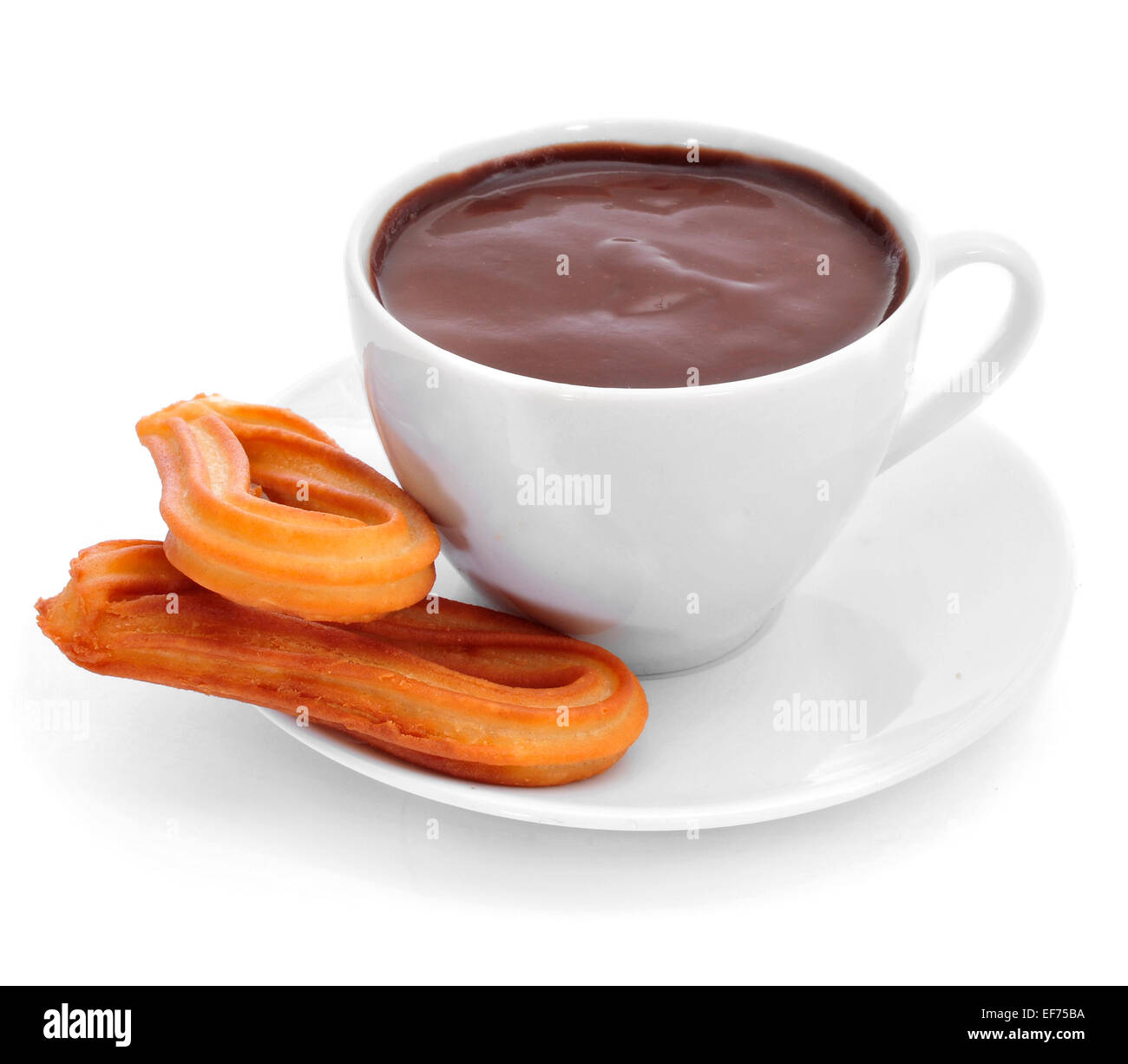 Churros con Chocolate, eine typisch spanische süße Jause auf weißem Hintergrund Stockfoto