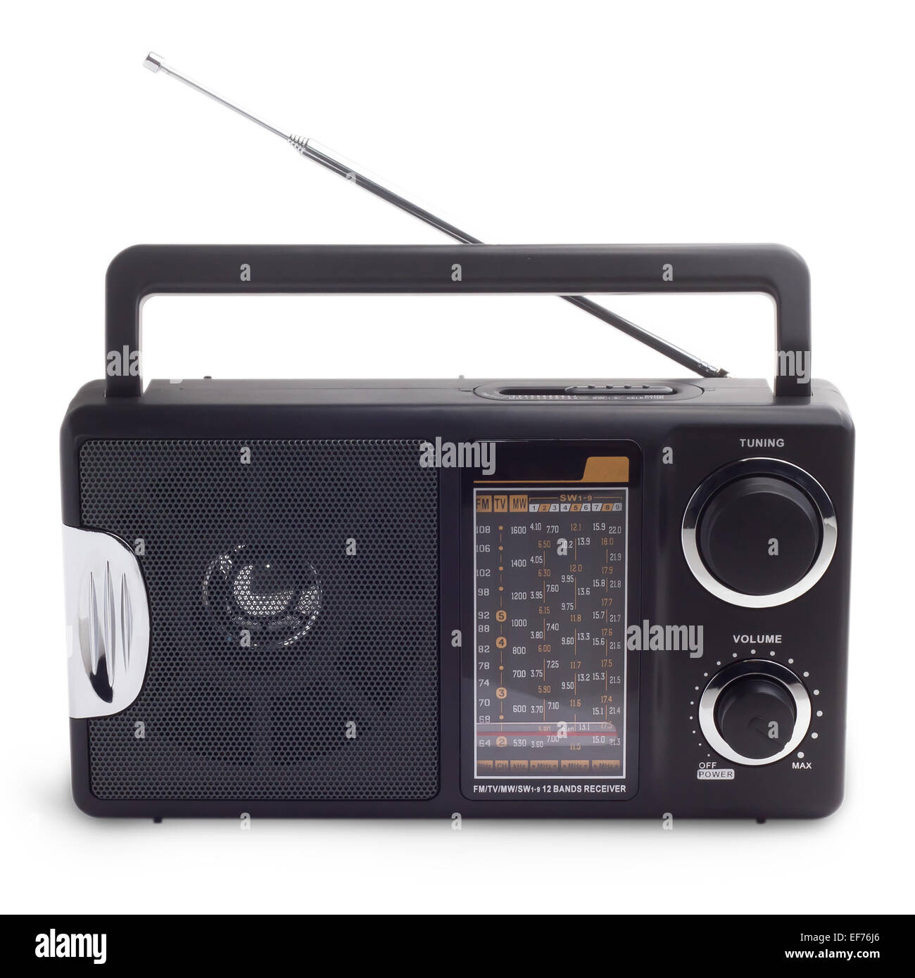 schwarze Vintage Radio, isolierte Bahnhof Wellen zuzuhören Stockfoto
