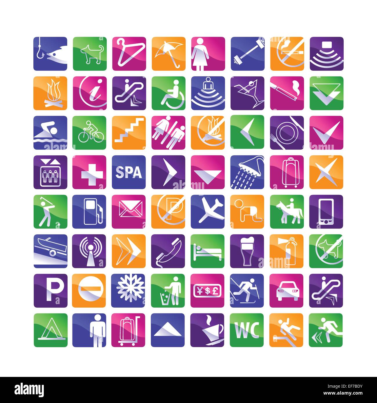 64 bunten Hotel Ikonen - rosa, blau, grün, orange, violett und weiß fröhlichen Farben Stock Vektor