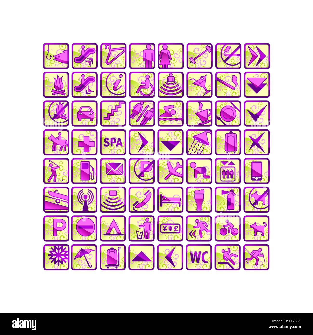 64 bunten Hotel Ikonen - rosa, grün, violett und gelb fröhlichen Farben Stock Vektor