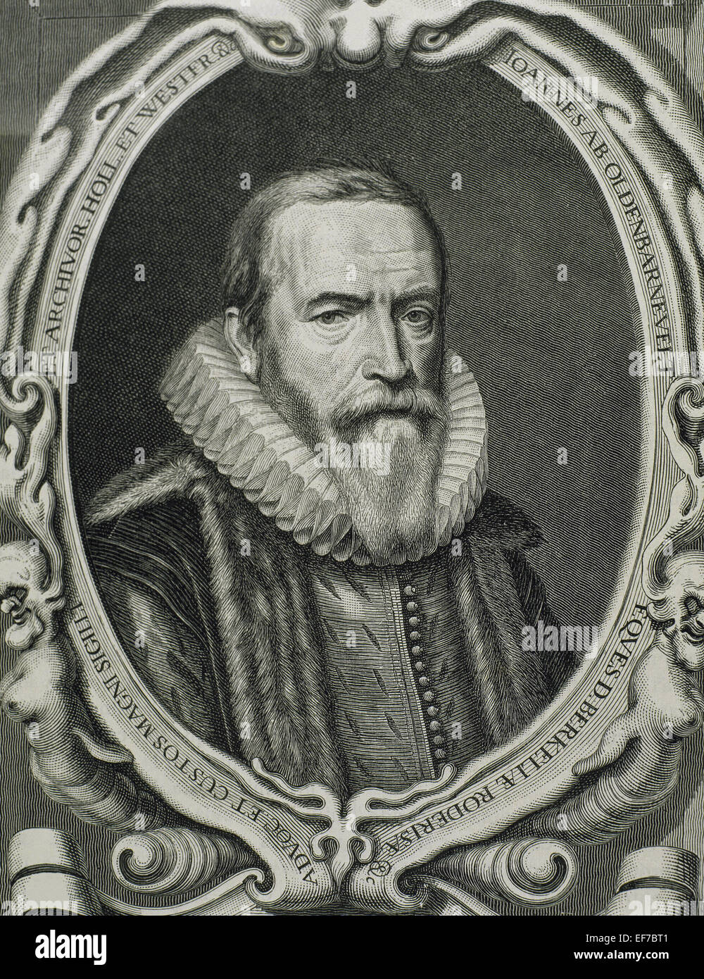 Johan van Oldenbarnevelt (1547 – 1619), Herr von Berkel En Rodenrijs (1600), Gunterstein (1611) und Bakkum (1613). Niederländischer Staatsmann, der eine wichtige in der niederländischen Kampf für Unabhängigkeit von Spanien Rolle. Porträt. Gravur. Stockfoto