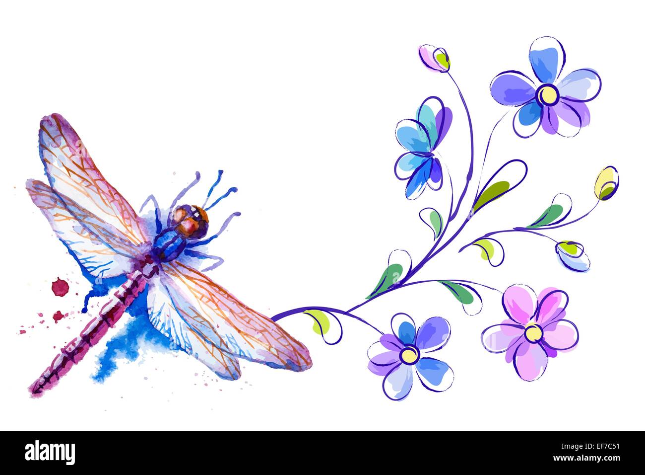 Horizontale Hintergrund mit Libelle und Blumen auf dem weißen - Vektor-illustration Stock Vektor