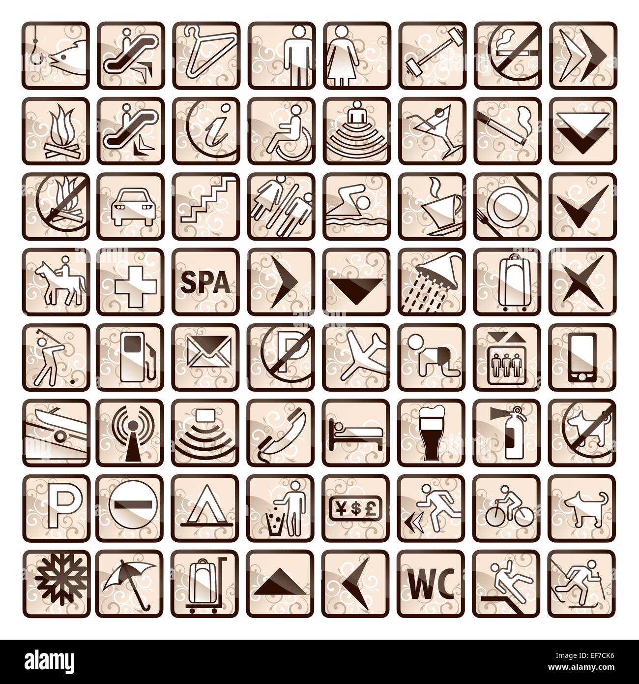 64 stilvolles Hotel Symbole in Sepia Farben Beige und braun Stock Vektor