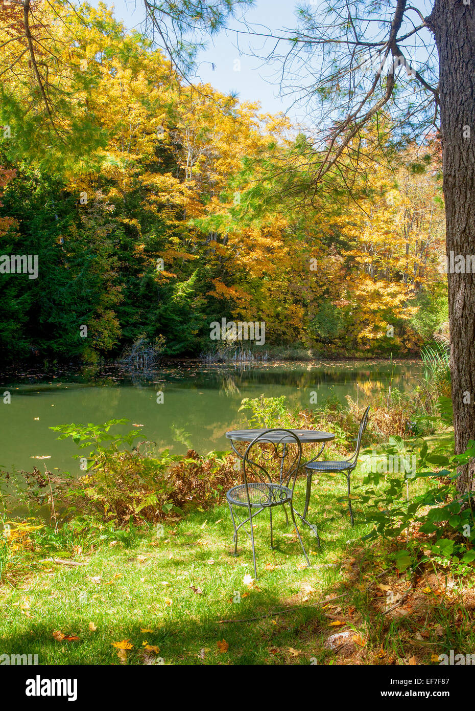 Schwarz wrought Eisen-Picknick-Tisch und Stühle in einer bewaldeten Umgebung neben einem kleinen Teich in Vermont, Vereinigte Staaten von Amerika. Stockfoto