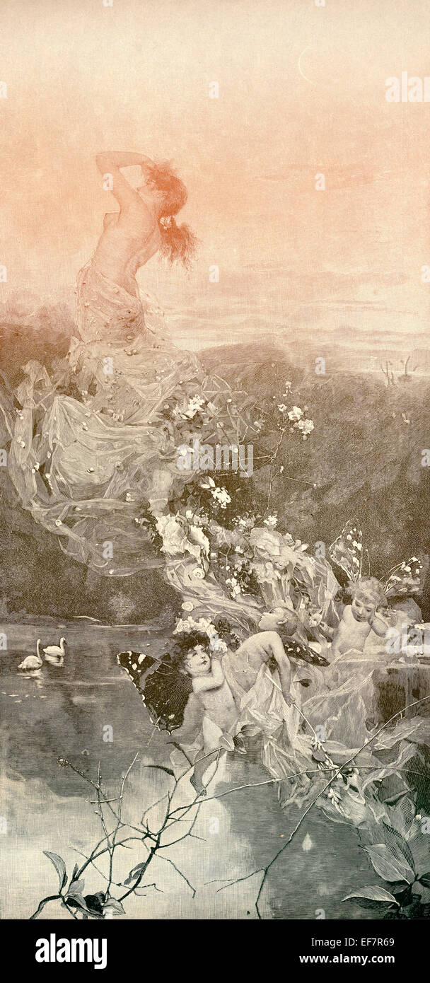 Frühlingsduft, allegorische Darstellung des 19. Jahrhunderts Holzschnitt von Rontini, Stockfoto