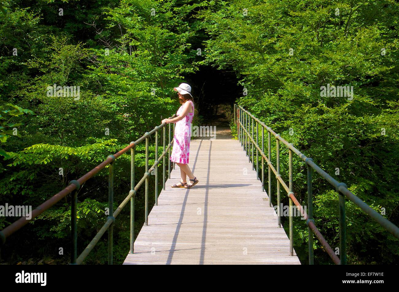 Frau auf der Brücke stehen. Gilsland-Spa-Hotel. Gilsland, Cumbria, England, UK. Stockfoto