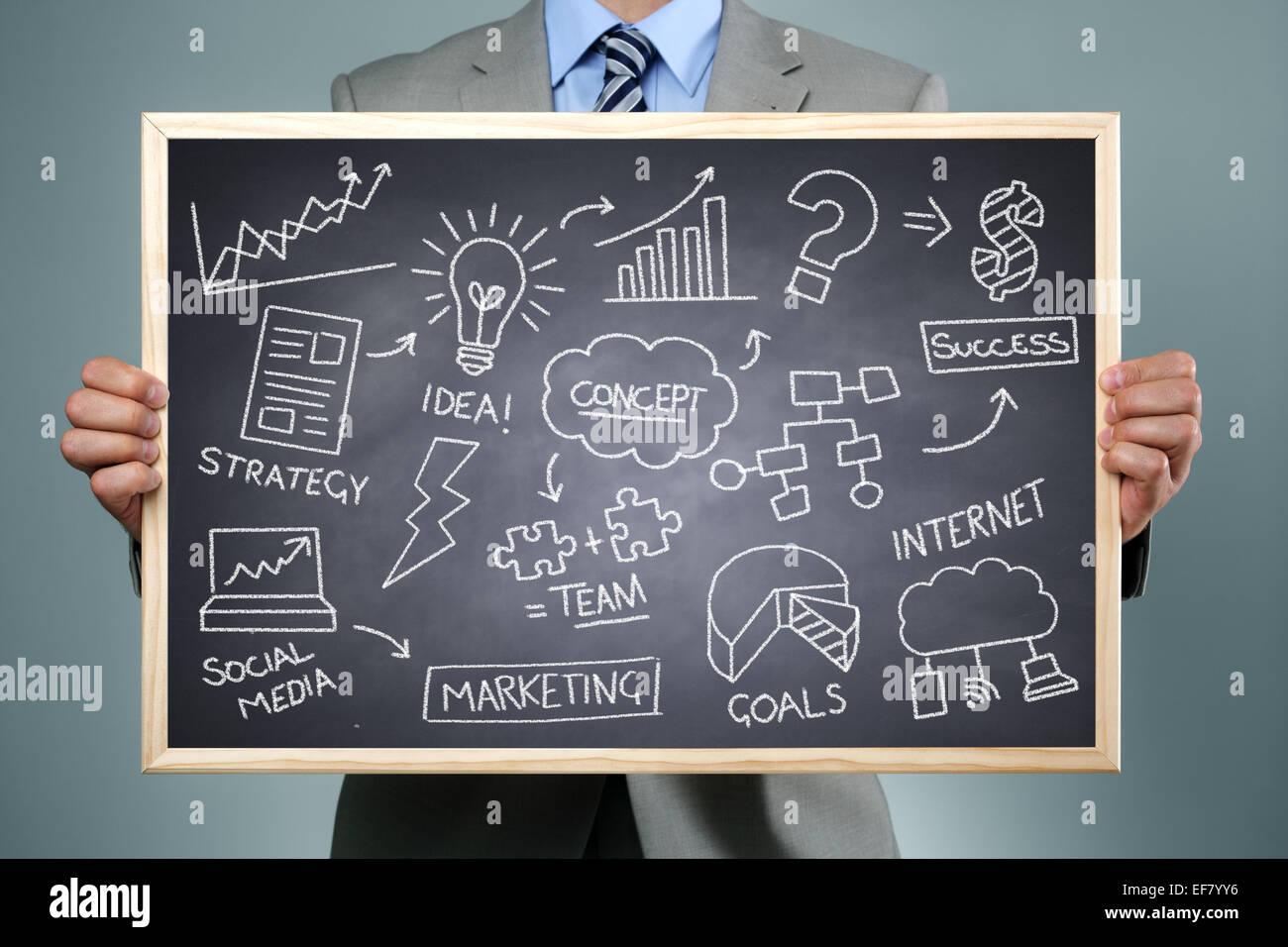 Business-Strategie Konzept Geschäftsmann hält eine Tafel mit Brainstorming Kreide Zeichnung von Geschäft Kreativität, Phantasie Stockfoto