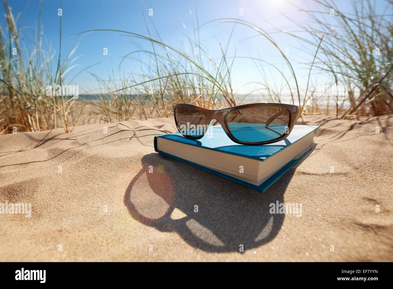 Buch und Sonnenbrille am Strand Stockfoto