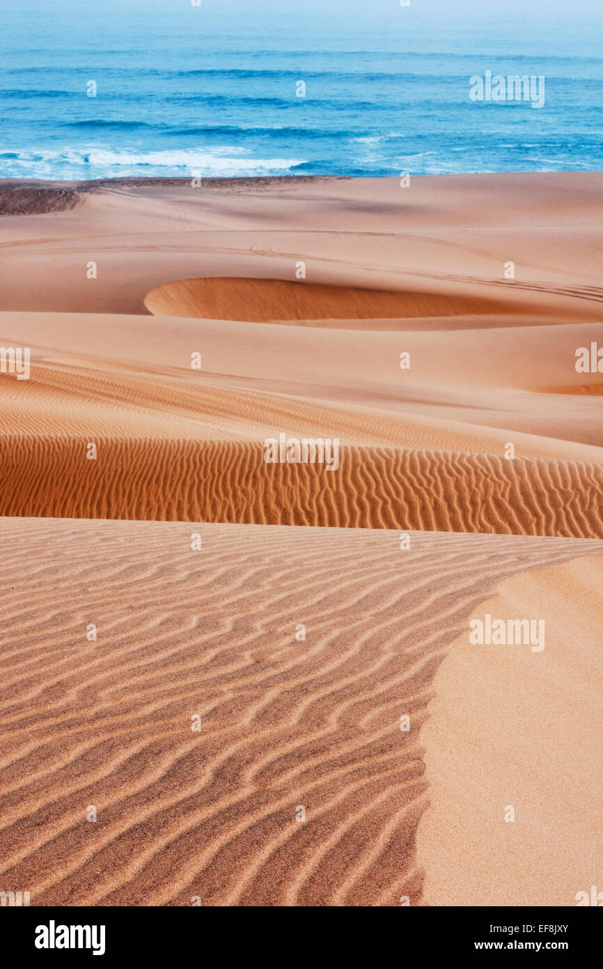 Orangefarbenen Sanddünen mit Wellen auf der Skeleton Coast an der westlichen Grenze von Namibia Stockfoto