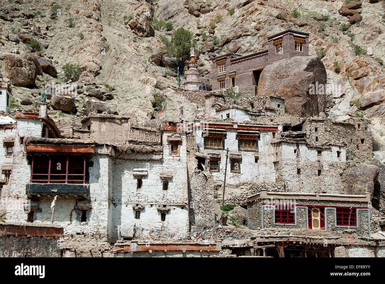 Indien, Jammu und Kaschmir, Leh, Fassaden der Berghang Häuser Stockfoto