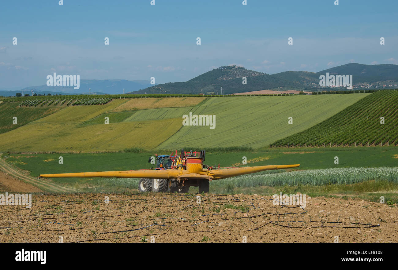 Italien, Umbrien, Traktor Düngung Feld im Tal Stockfoto