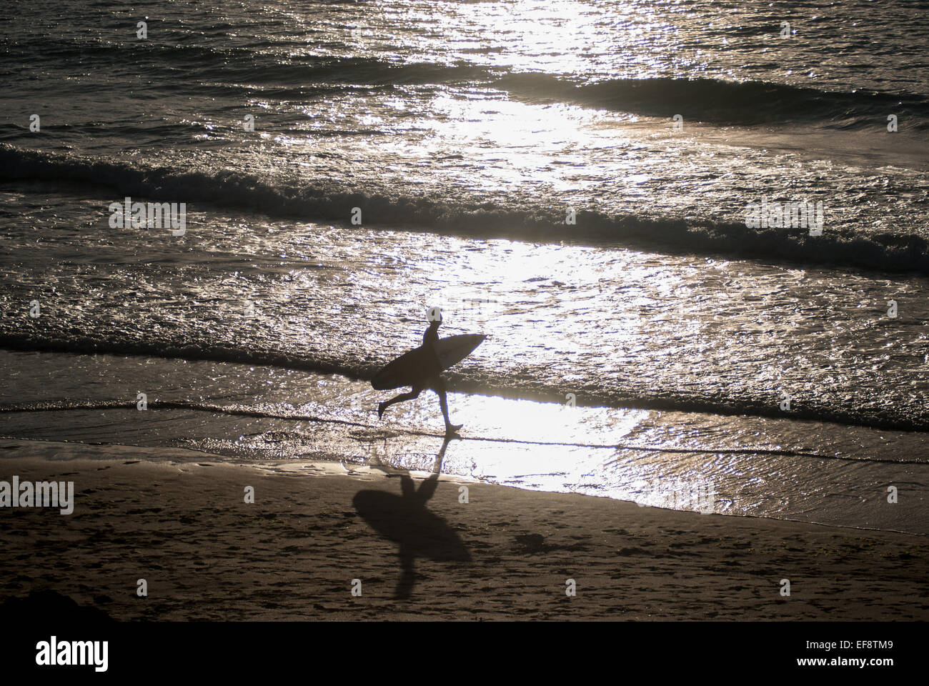 Silhouette der Surfer laufen am Strand bei Sonnenuntergang, Galicien, Spanien Stockfoto
