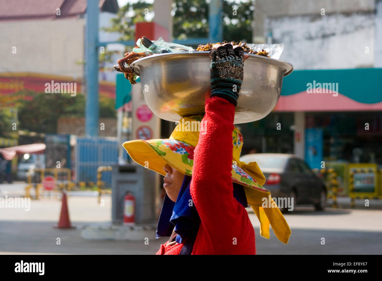 Eine Frau ist, dass Carriyng eine Schüssel mit gegrilltem Fleisch oben auf ihren Kopf auf einer Stadtstraße in Kampong Cham, Kambodscha. Stockfoto