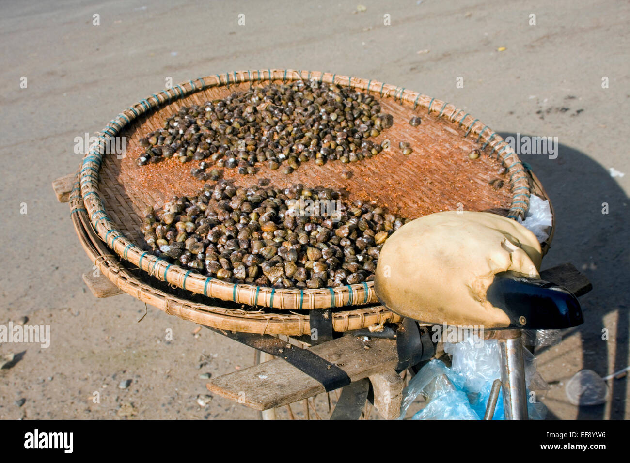 Schnecken sind erhältlich als Straße Nahrung ruht auf einem Fahrrad auf einer Stadtstraße in Kampong Cham, Kambodscha. Stockfoto