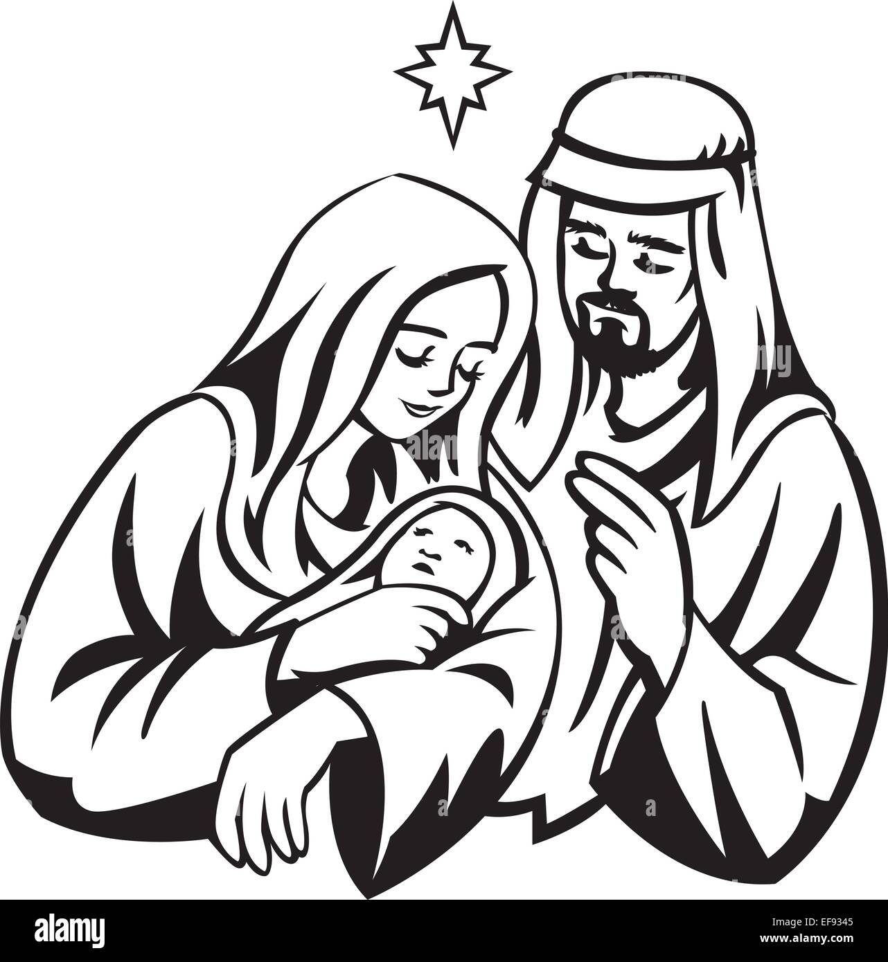 Ein Portrait von Mary Joseph und Jesus unter den Stern von Bethlehem Stock Vektor