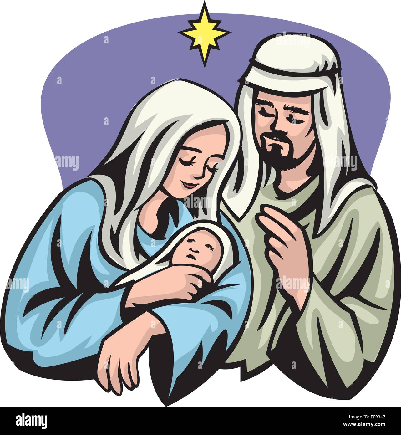 Ein Portrait von Mary Joseph und Jesus unter den Stern von Bethlehem Stock Vektor