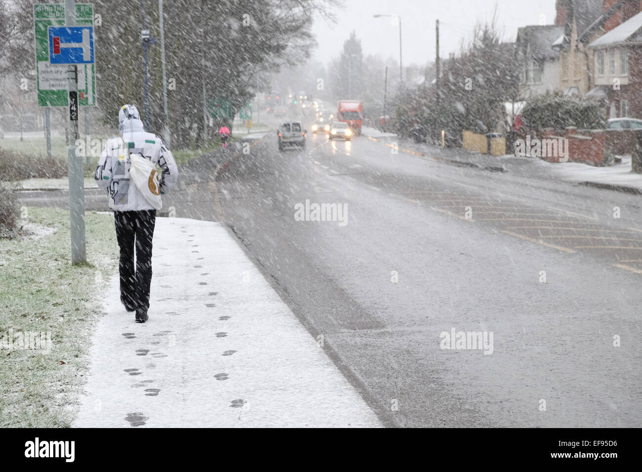 Starke Schneeschauer machen das Autofahren gefährlich in den East Midlands. Stockfoto